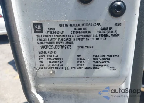 2005 Chevrolet Silverado 2500Hd Work Truck from USA, damaged, VIN 1GCHC23U35F949373